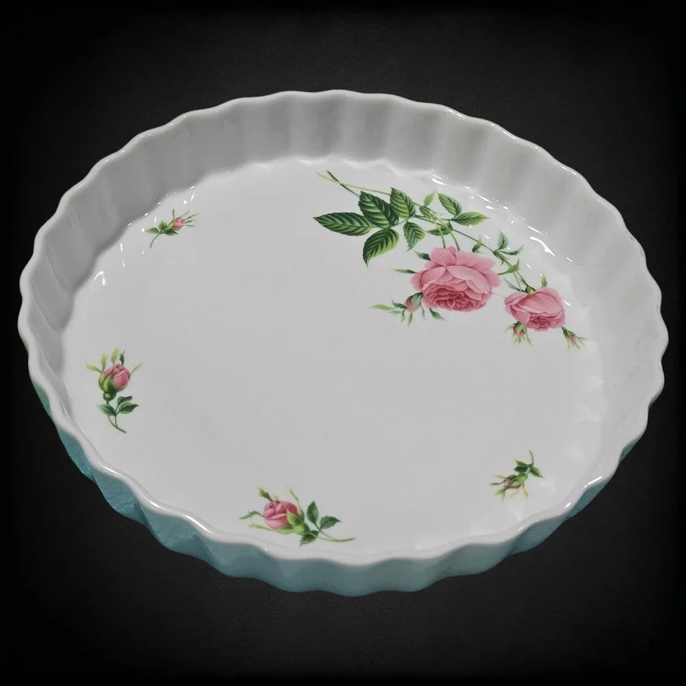 Vintage White Pink Floral Beveled Porcelain 9.5 Inch Quiche Tart 1950s Pie Pan